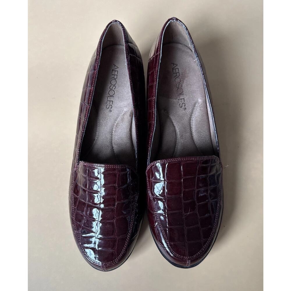 Aerosoles Women's Rich Burgundy Croc Patent Leather Slip On Size 7.5 Low Wedge